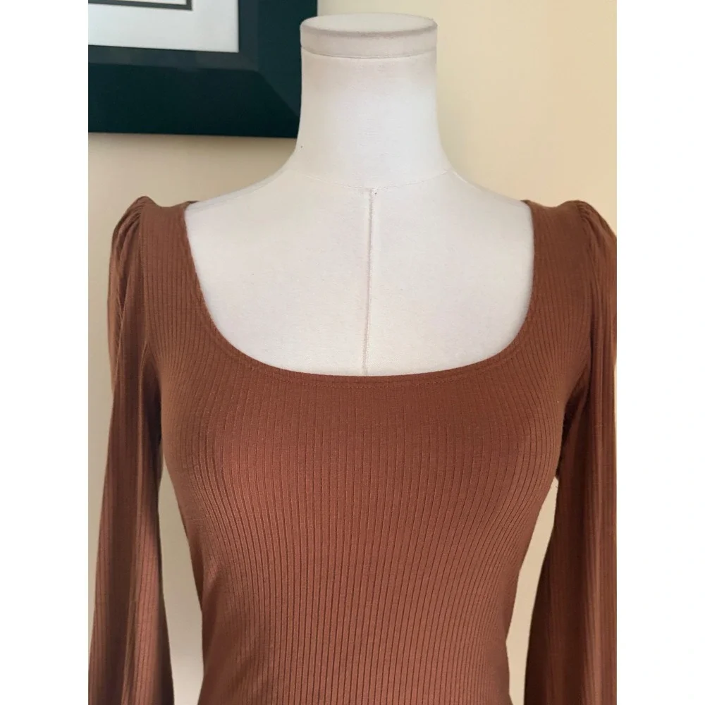 Reformation Jeans Brown Ribbed Puff Sleeve Scoop Neck Top XS Cinnamon Tencel